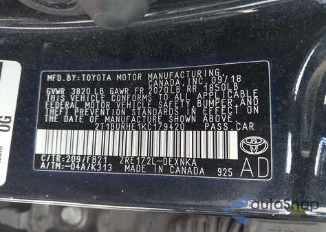 2019 Toyota Corolla Le из США, поврежденный, VIN 2T1BURHE1KC179420